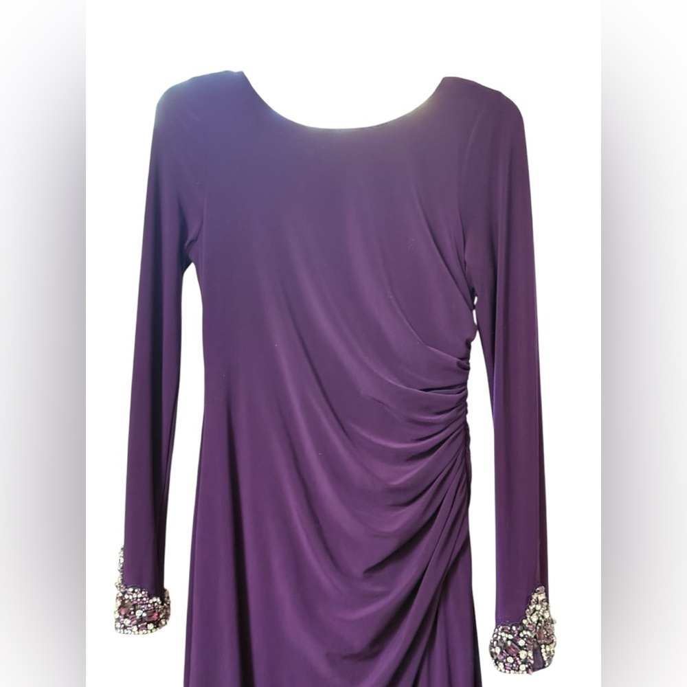 ELIZA J Women's Purple Ruched Rhinestone Cuff Long Stretch Jersey Gown Dress - Picture 3 of 8